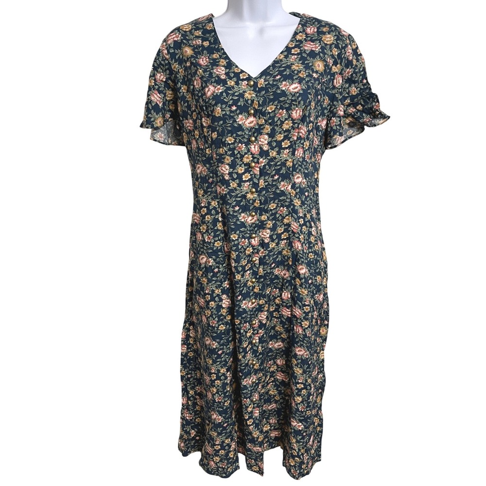 Vintage 90s Caroline Wells Ditsy Floral Cottagecore Button Front Midi Dress 8